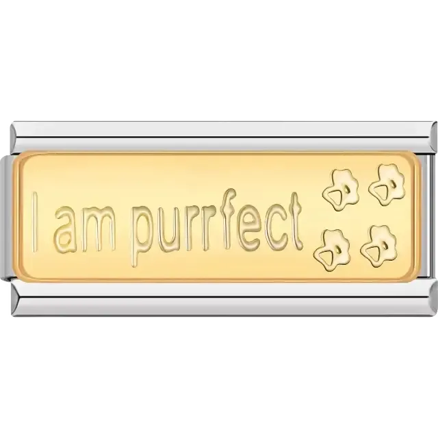 Gold with text "I am purrfect" and four paw print engravings Italian charm bracelet link