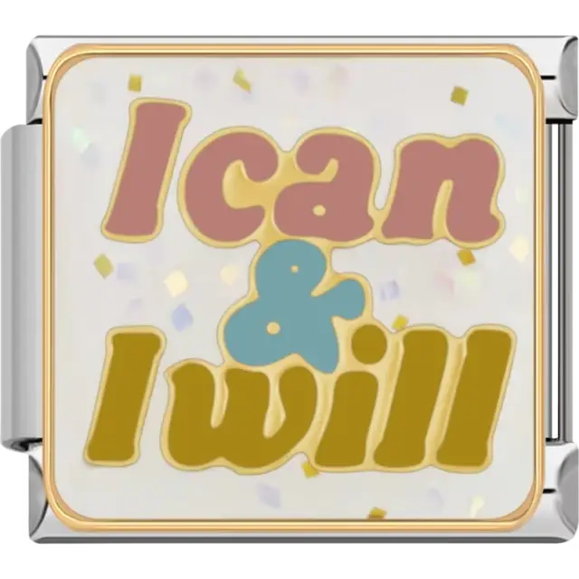 Pink, blue, and gold "I Can &amp; I Will" text Italian charm bracelet link