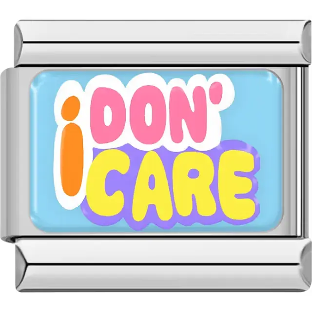 "I Don't Care" script on blue Italian charm bracelet link