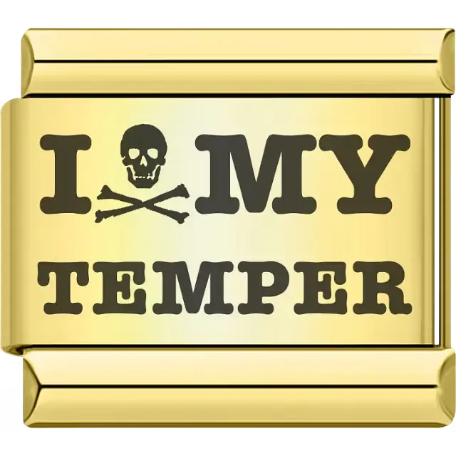 Bold black "I HATE MY TEMPER" text with skull and crossbones detail Italian charm bracelet link