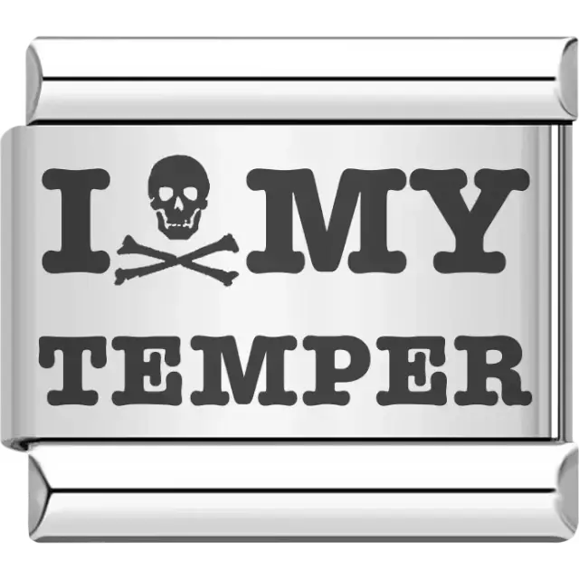 Bold black "I HATE MY TEMPER" text with skull and crossbones detail Italian charm bracelet link