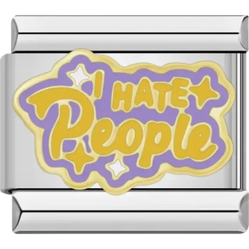 Yellow “I Hate People” text with purple background and star accents Italian charm bracelet link