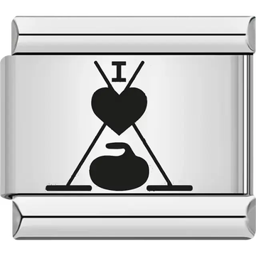 Black heart with curling stone and brooms in triangle design Italian charm bracelet link