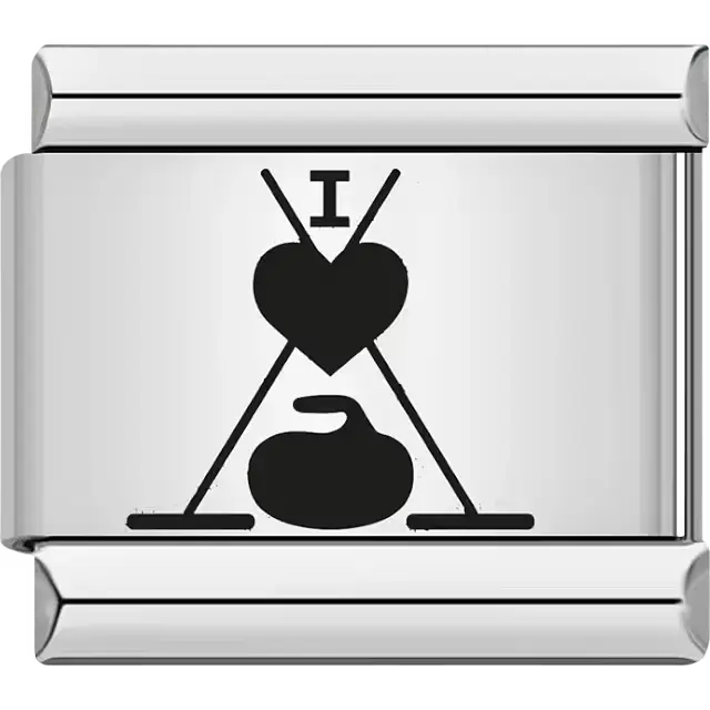 Black heart with curling stone and brooms in triangle design Italian charm bracelet link