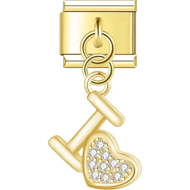 Dangling "I ♥︎" with crystal accents Italian charm bracelet link