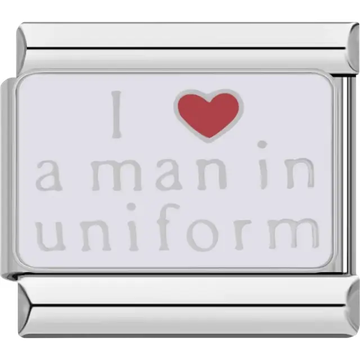 White background with "I ♥ a man in uniform" text Italian charm bracelet link
