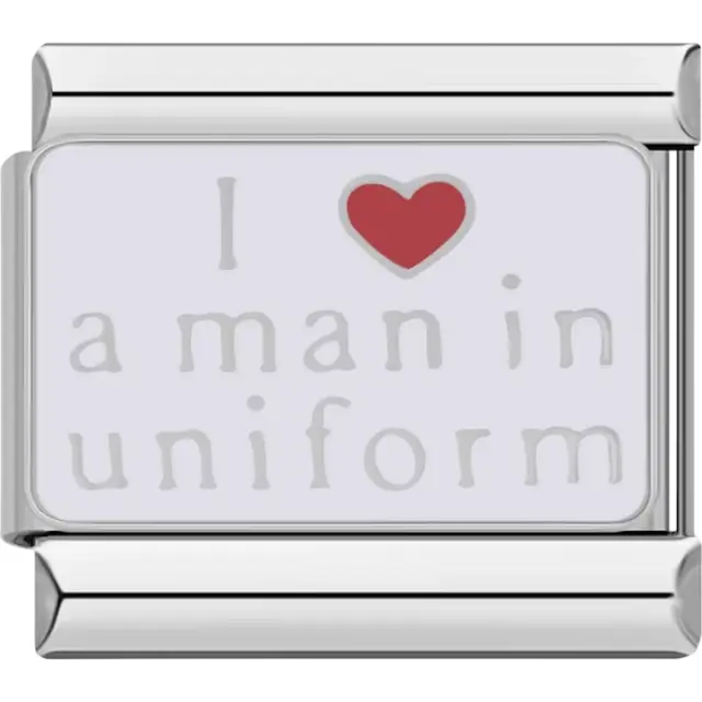 White background with "I ♥ a man in uniform" text Italian charm bracelet link