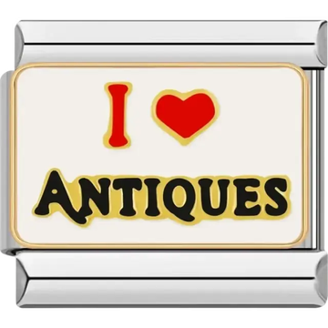 "I Love Antiques" text with a red heart and bold black lettering Italian charm bracelet link