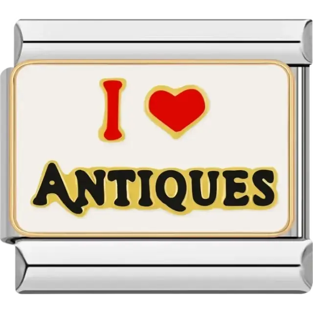 "I Love Antiques" text with a red heart and bold black lettering Italian charm bracelet link