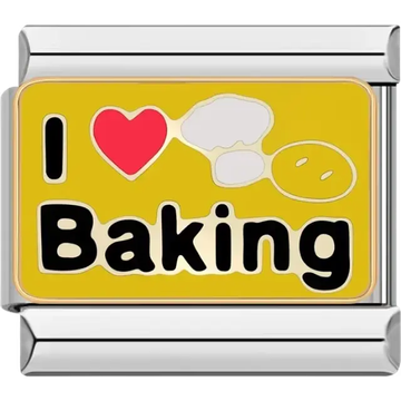 "I Love Baking" text with a chef hat and whisk design Italian charm bracelet link