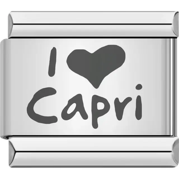 "I Love Capri" text with heart symbol in bold black Italian charm bracelet link