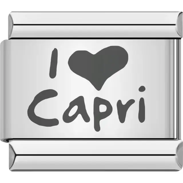 "I Love Capri" text with heart symbol in bold black Italian charm bracelet link