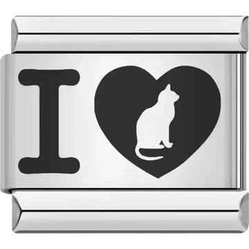 “I ♥ Cat” design featuring a cat silhouette inside a heart Italian charm bracelet link