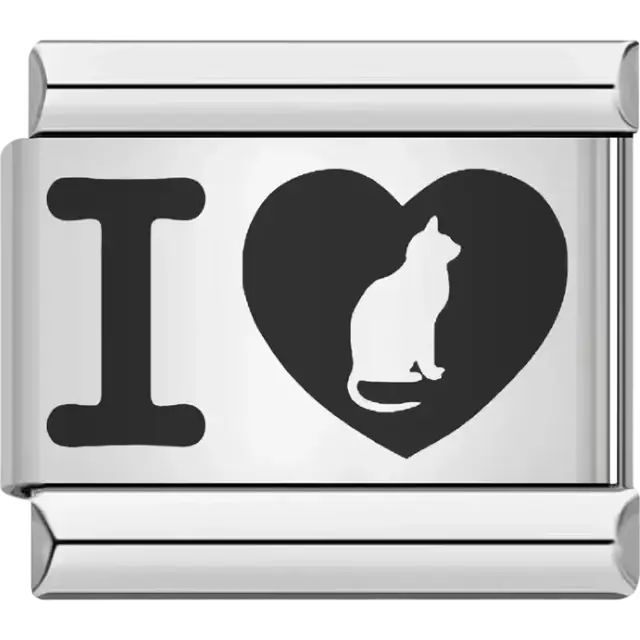 “I ♥ Cat” design featuring a cat silhouette inside a heart Italian charm bracelet link