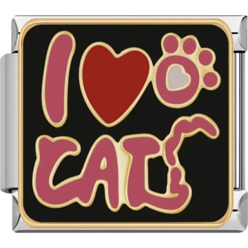 Black and gold charm featuring I Love Cats text with a red heart pink cat silhouette and paw print Italian charm bracelet link