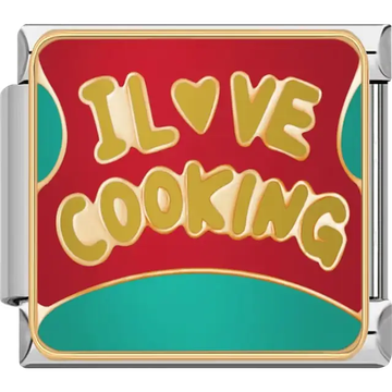 Red and green charm with gold "I ♥ Cooking" text Italian charm bracelet link