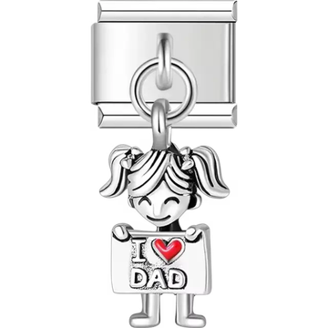 Girl holding a white sign with "I ❤️ Dad" text Italian charm bracelet link