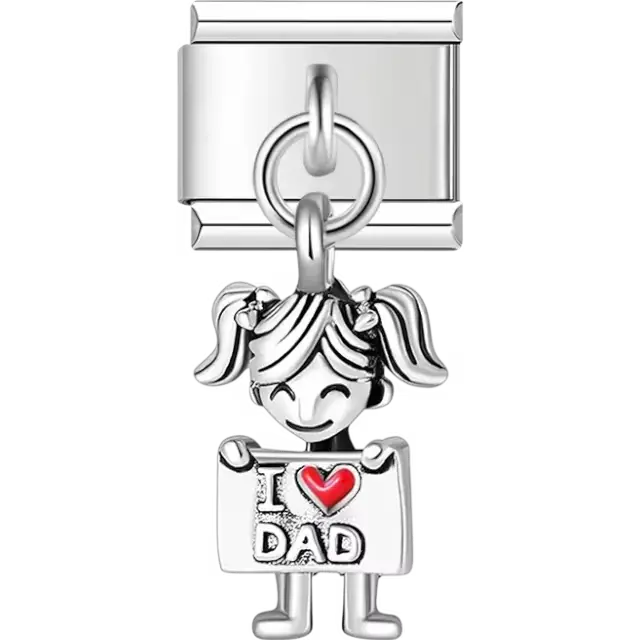 Girl holding a white sign with "I ❤️ Dad" text Italian charm bracelet link