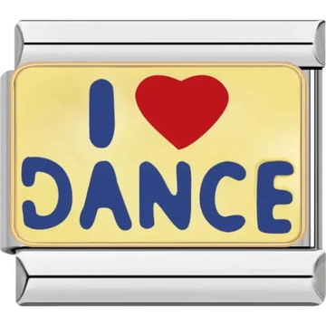 "I Love Dance" text with a red heart and blue lettering on a gold background Italian charm bracelet link