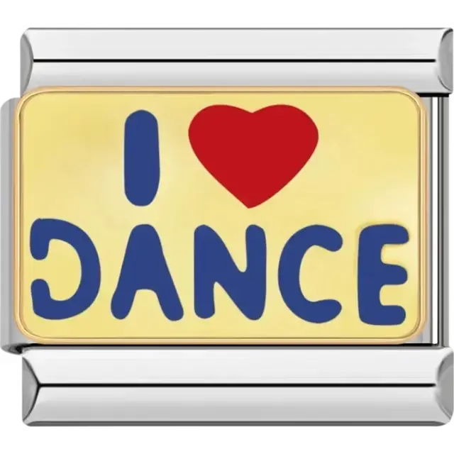 "I Love Dance" text with a red heart and blue lettering on a gold background Italian charm bracelet link