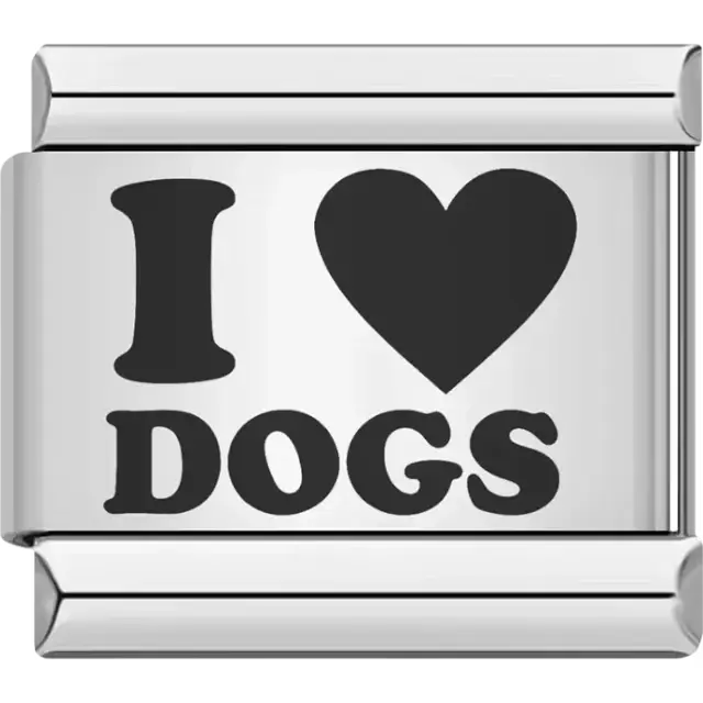 “I ♥ Dogs” text with bold heart design Italian charm bracelet link