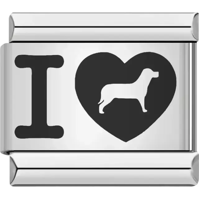 “I ♥ Dog” design featuring a dog silhouette inside a heart Italian charm bracelet link