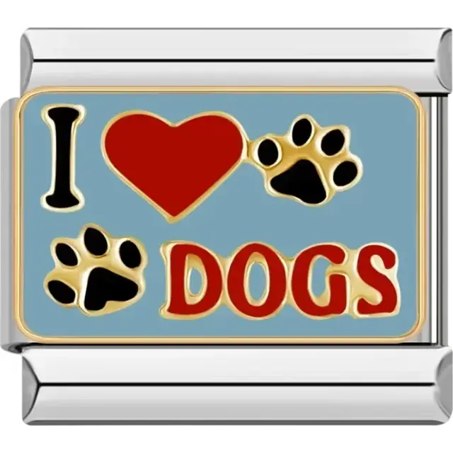 "I love dogs" design with red heart and paw prints Italian charm bracelet link