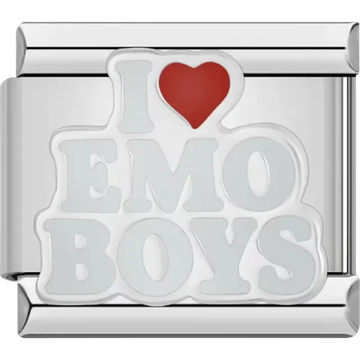 "I Love Emo Boys" text design with red heart Italian charm bracelet link