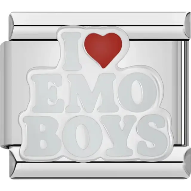 "I Love Emo Boys" text design with red heart Italian charm bracelet link