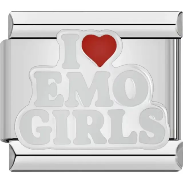 "I Love Emo Girls" text design with red heart Italian charm bracelet link