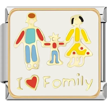 Colorful design of a family holding hands with "I ❤️ Family" text Italian charm bracelet link