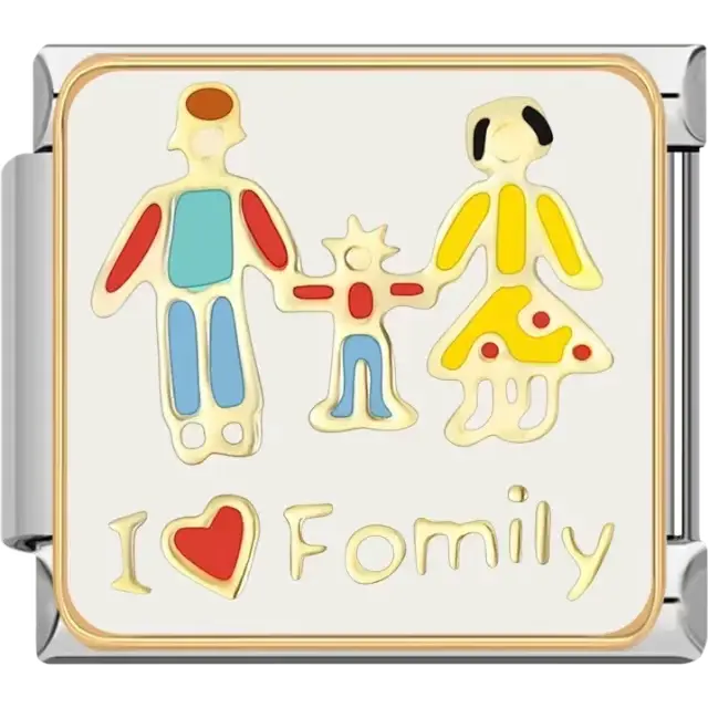 Colorful design of a family holding hands with "I ❤️ Family" text Italian charm bracelet link