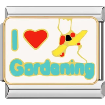 "I Love Gardening" text with red heart and blue letters Italian charm bracelet link