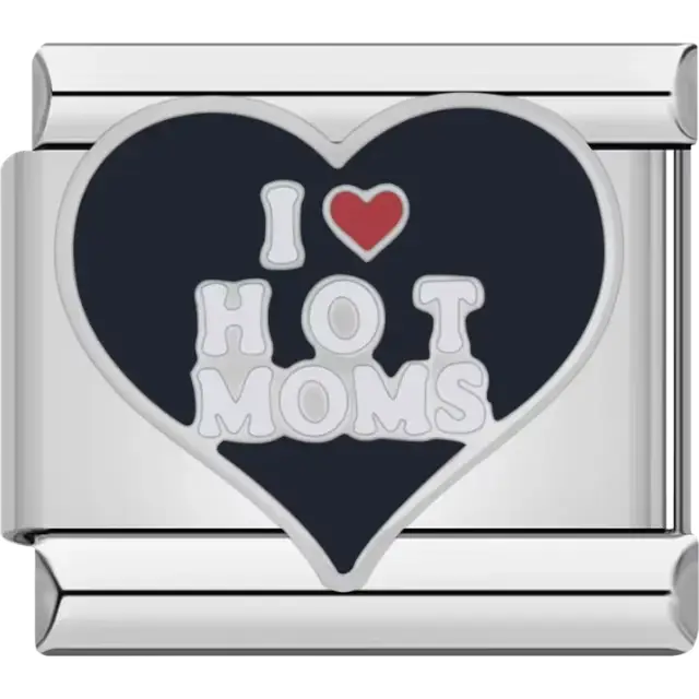 Black heart with "I ❤️ HOT MOMS" text in white and red Italian charm bracelet link