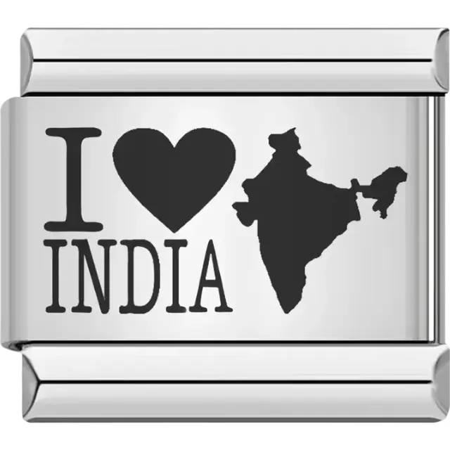 “I ♥ India” text with India map silhouette design Italian charm bracelet link