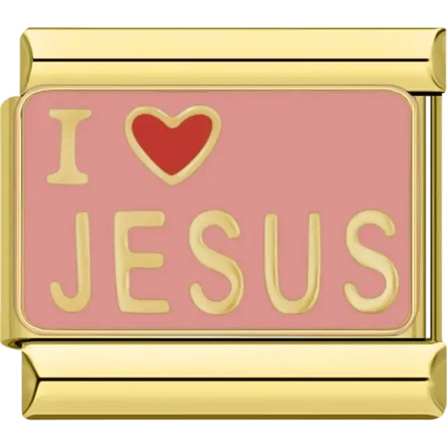 Pink background with “I” and a red heart followed by “Jesus” in gold lettering Italian charm bracelet link