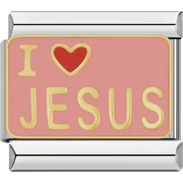 Pink background with “I” and a red heart followed by “Jesus” in gold lettering Italian charm bracelet link