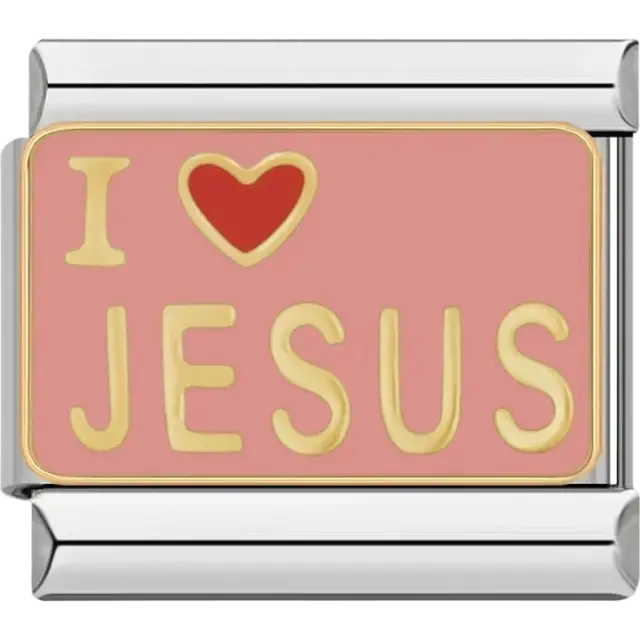 Pink background with “I” and a red heart followed by “Jesus” in gold lettering Italian charm bracelet link
