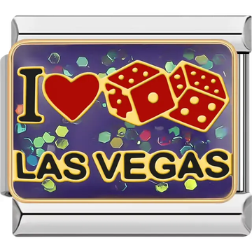 Purple "I ❤ LAS VEGAS" red dice gold trim Italian charm bracelet link