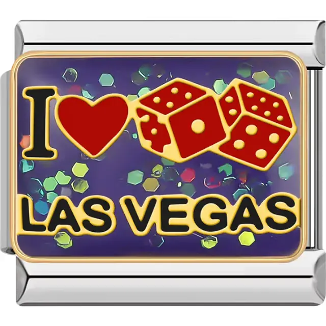 Purple "I ❤ LAS VEGAS" red dice gold trim Italian charm bracelet link