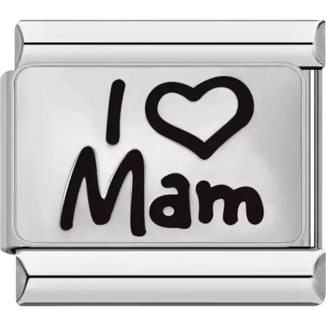 Black "I ♥ Mam" text on a silver background Italian charm bracelet link