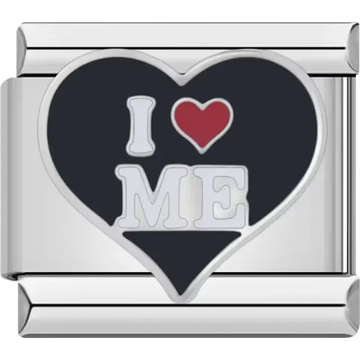 Black heart with "I ❤️ ME" text in white and red Italian charm bracelet link