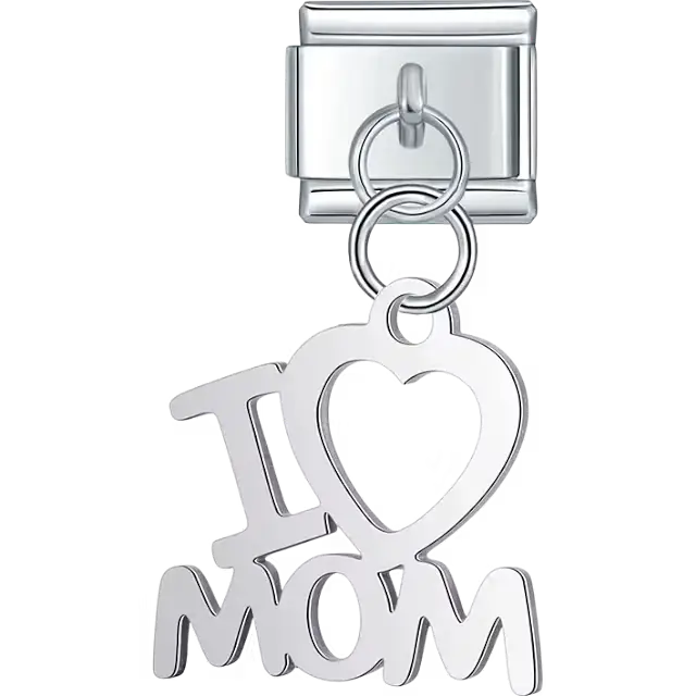 "I Love Mom" text heart dangle Italian charm bracelet link