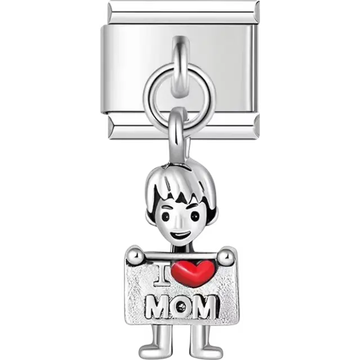 Boy holding a white sign with "I ❤️ Mom" text Italian charm bracelet link