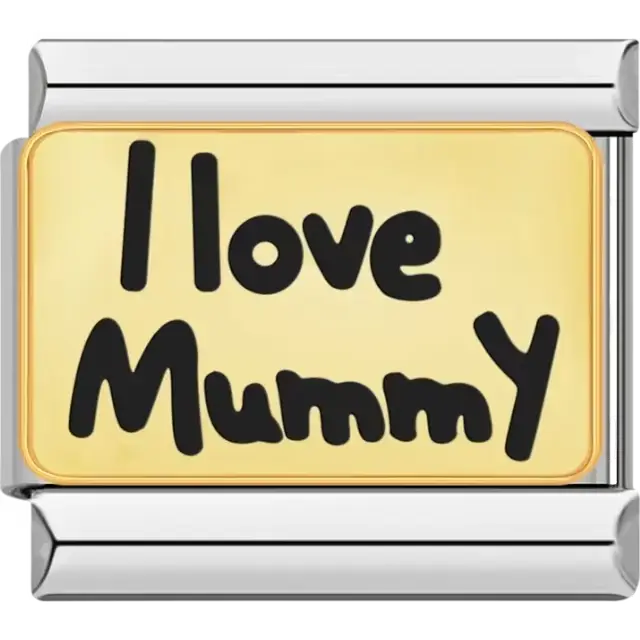 Black "I love Mummy" text on a gold background Italian charm bracelet link