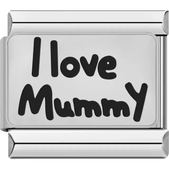 Black "I love Mummy" text on a silver background Italian charm bracelet link