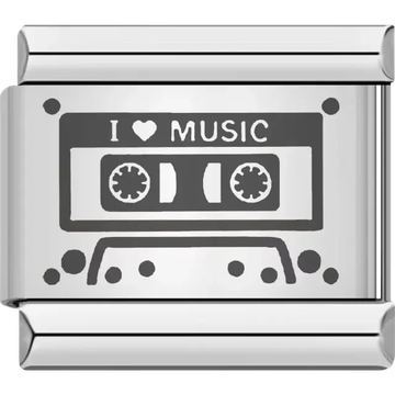 Black "I ♥ MUSIC" text with cassette tape design Italian charm bracelet link