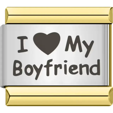 Black text with heart symbol spelling "I ♥ My Boyfriend" Italian charm bracelet link