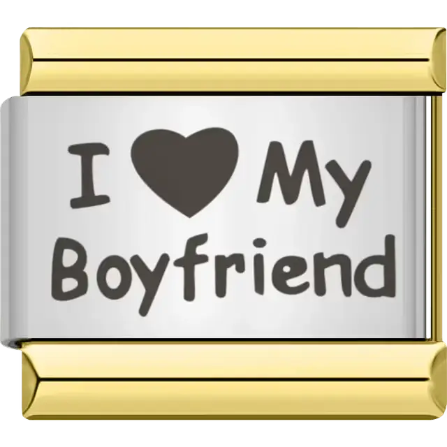 Black text with heart symbol spelling "I ♥ My Boyfriend" Italian charm bracelet link