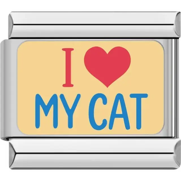 "I ♥ MY CAT" text in red and blue on a beige background Italian charm bracelet link